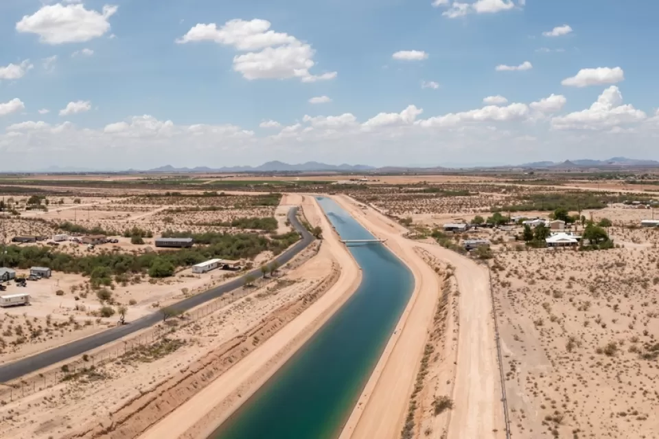 Aerial view of Central Arizona Project water canal through desert landscape